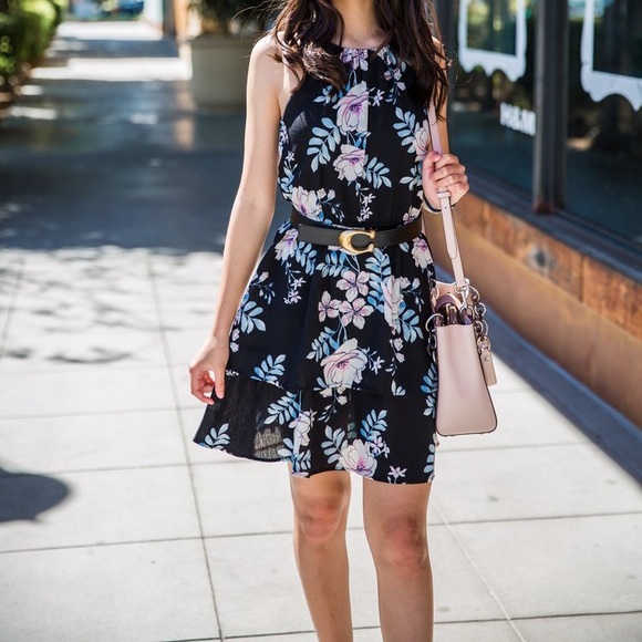 NWT Aqua Black Sleeveless Halter Neck Floral Dress size XS - Picture 1 of 8